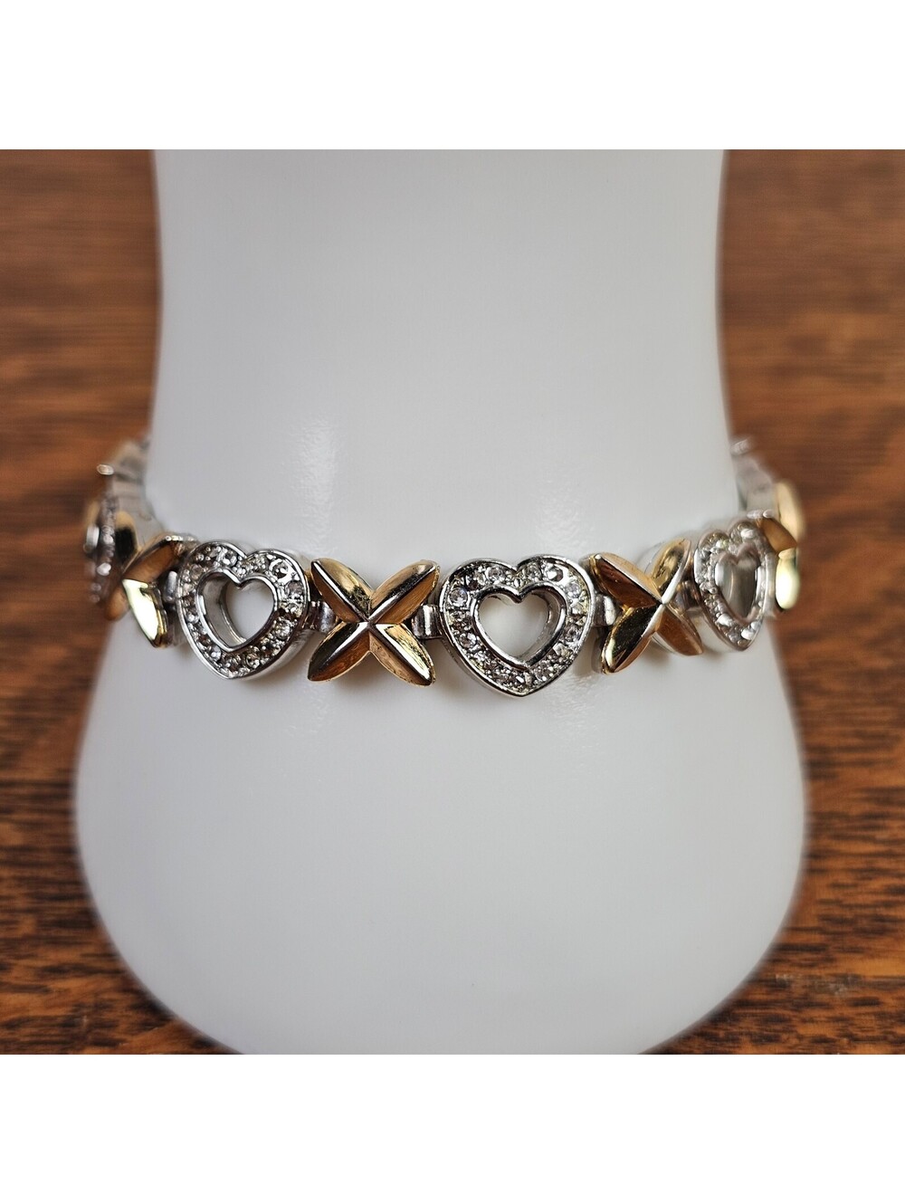 Two Tone Heart and X Rhinestone Link Bracelet Gold Silver Tone